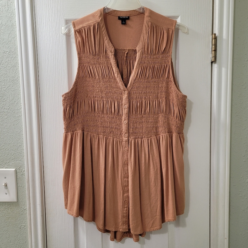 Gold Sleeveless Button-Front Smocked Blouse